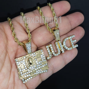 Hip Hop Iced Jewelry $100 Bill & JUICE Pendant & 4mm 24