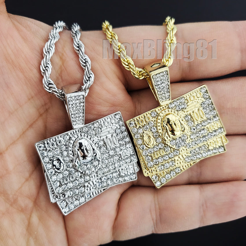 Hip Hop Jewelry $100 Hundred Dollar Bill Benjamin Money Pendant & 4mm 24" Rope Chain Necklace