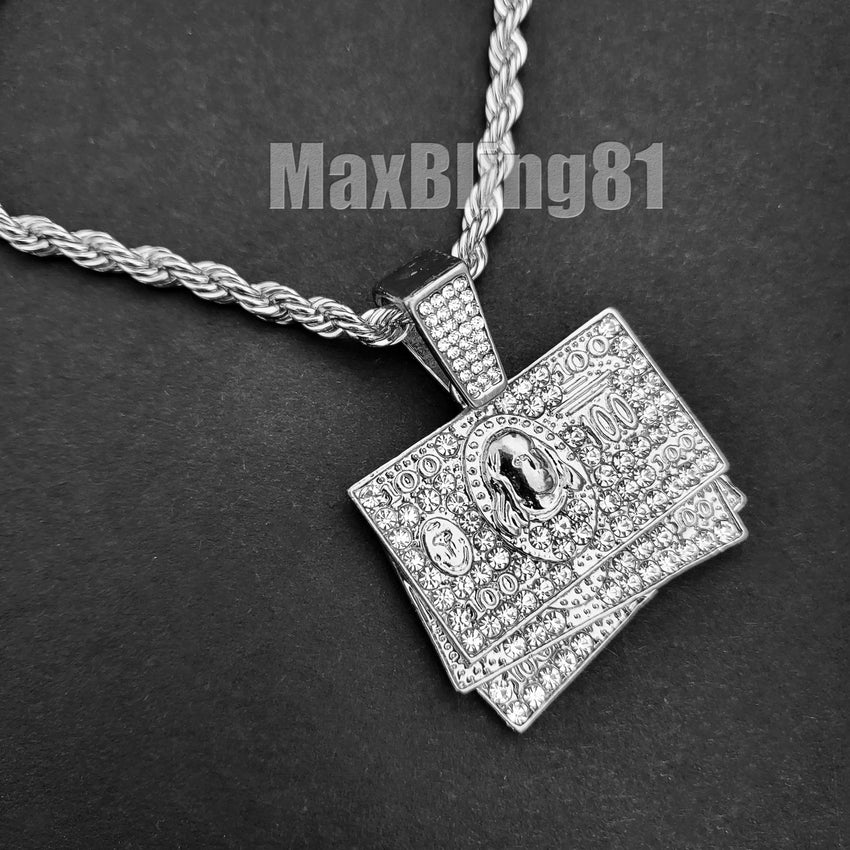 Hip Hop Iced Jewelry $100 Bill & JUICE Pendant & 4mm 24" Rope Chain Fashion Necklace