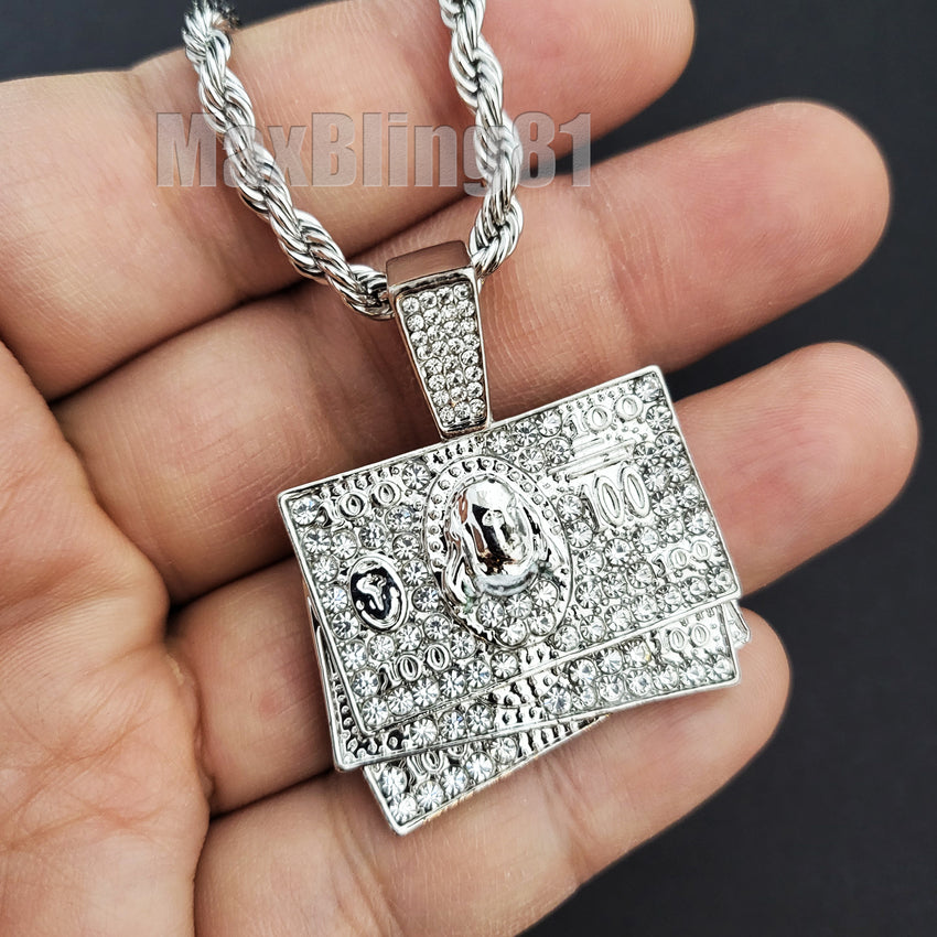 Hip Hop Iced Jewelry $100 Bill & JUICE Pendant & 4mm 24" Rope Chain Fashion Necklace