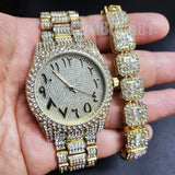 HIP HOP GOLD PT LUXURY BLING WATCH & ICED BAGUETTE STONE BRACELET GIFT SET