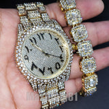 HIP HOP GOLD PT LUXURY BLING WATCH & ICED BAGUETTE STONE BRACELET GIFT SET