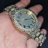 HIP HOP GOLD PT LUXURY BLING WATCH & ICED BAGUETTE STONE BRACELET GIFT SET