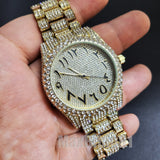 HIP HOP GOLD PT LUXURY BLING WATCH & ICED BAGUETTE STONE BRACELET GIFT SET