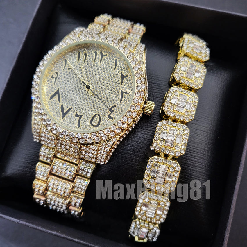 HIP HOP GOLD PT LUXURY BLING WATCH & ICED BAGUETTE STONE BRACELET GIFT SET