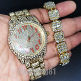 GOLD PT LUXURY BLING HIP HOP WATCH & ICED BAGUETTE STONE BRACELET GIFT SET