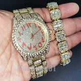 GOLD PT LUXURY BLING HIP HOP WATCH & ICED BAGUETTE STONE BRACELET GIFT SET