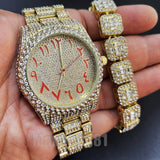 GOLD PT LUXURY BLING HIP HOP WATCH & ICED BAGUETTE STONE BRACELET GIFT SET