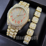 GOLD PT LUXURY BLING HIP HOP WATCH & ICED BAGUETTE STONE BRACELET GIFT SET