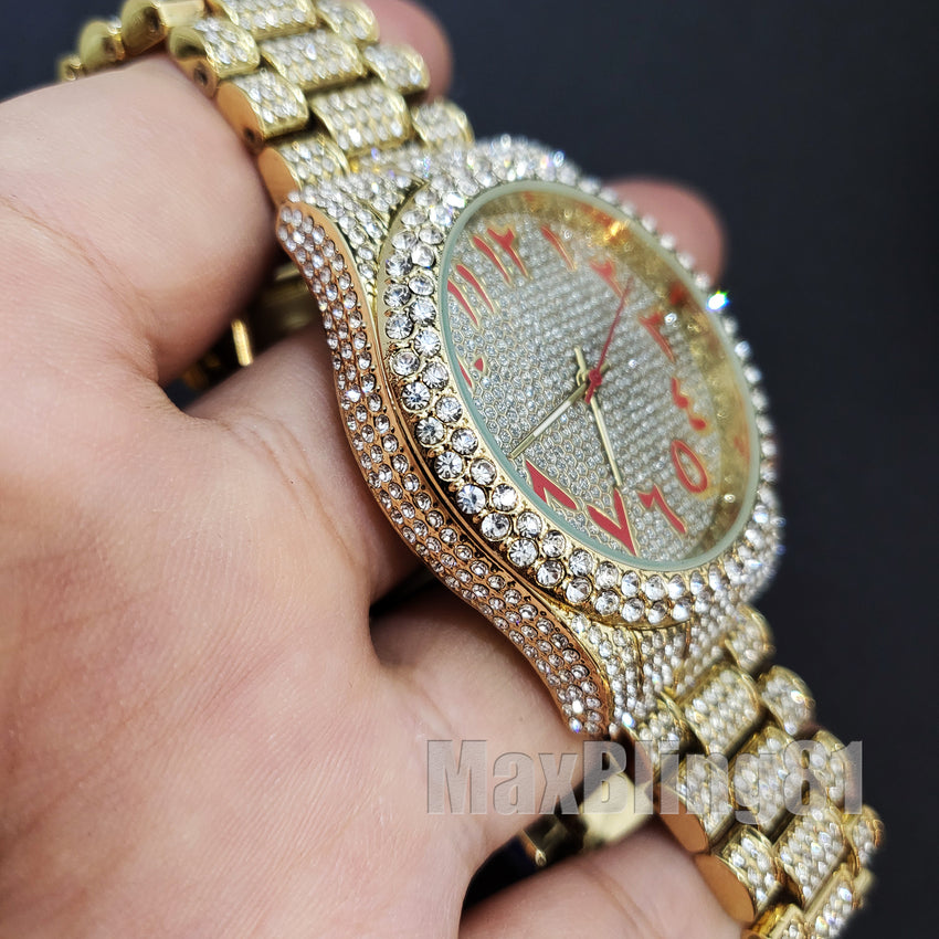 GOLD PT LUXURY BLING HIP HOP WATCH & ICED BAGUETTE STONE BRACELET GIFT SET