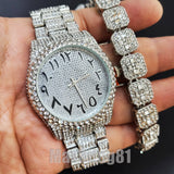 SILVER PT LUXURY BLING HIP HOP WATCH & ICED BAGUETTE STONE BRACELET GIFT SET