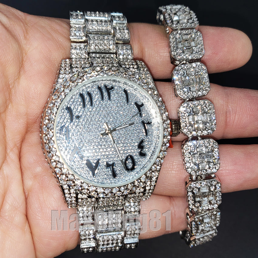 SILVER PT LUXURY BLING HIP HOP WATCH & ICED BAGUETTE STONE BRACELET GIFT SET