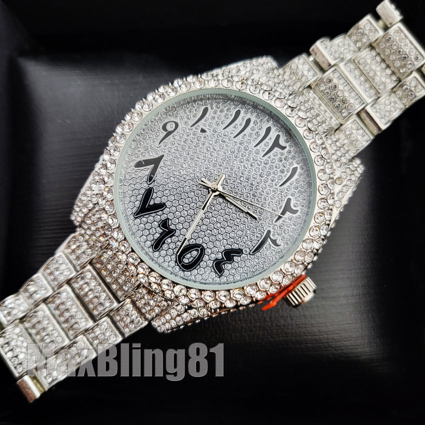 SILVER PT LUXURY BLING HIP HOP WATCH & ICED BAGUETTE STONE BRACELET GIFT SET