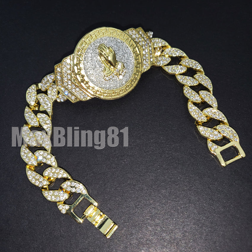 Hip Hop 14K Gold Plated 8.5" CZ Full Iced Out Praying Hands Cuban Bracelet