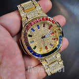 Luxury Iced Hip Hop Gold PT Muti Color Baguette Stone Metal Band Wrist Watch