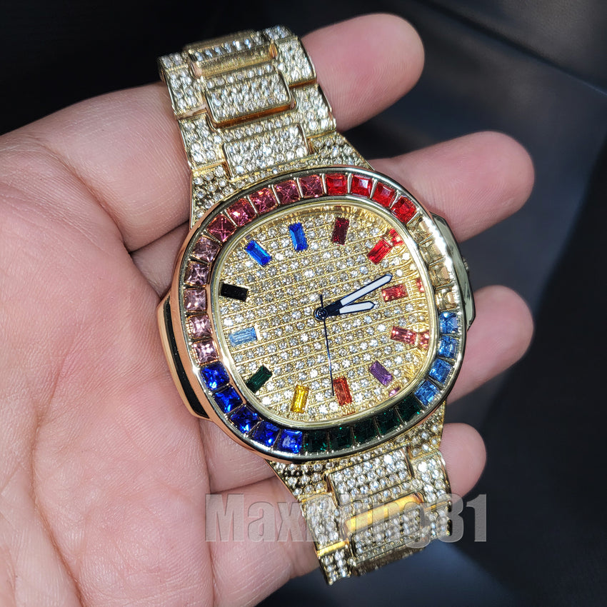 Luxury Iced Hip Hop Gold PT Muti Color Baguette Stone Metal Band Wrist Watch