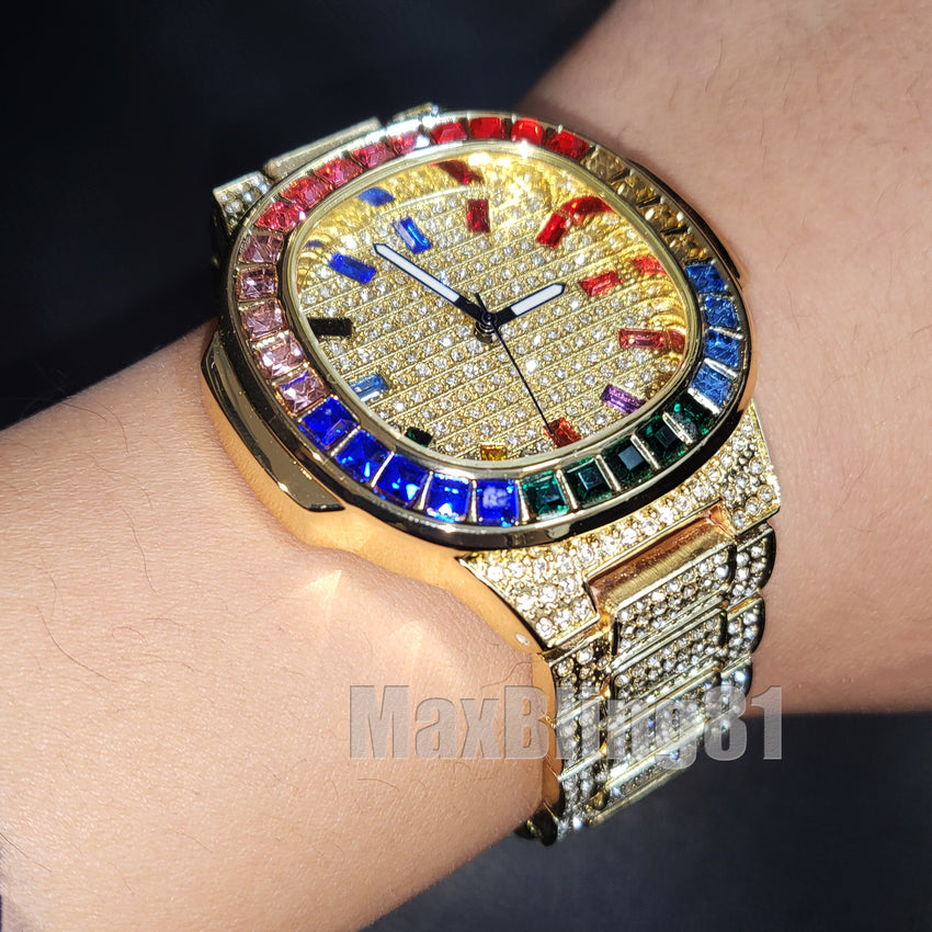 Luxury Iced Hip Hop Gold PT Muti Color Baguette Stone Metal Band Wrist Watch