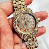 GOLD PT LUXURY BLING HIP HOP WATCH & ICED BAGUETTE STONE BRACELET GIFT SET