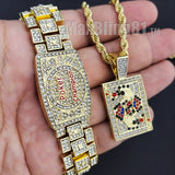 POKER CHAMPION BRACELET GOLD PLATED ALLOY CUBIC ZIRCONIA & KING ICY NECKLACE SET