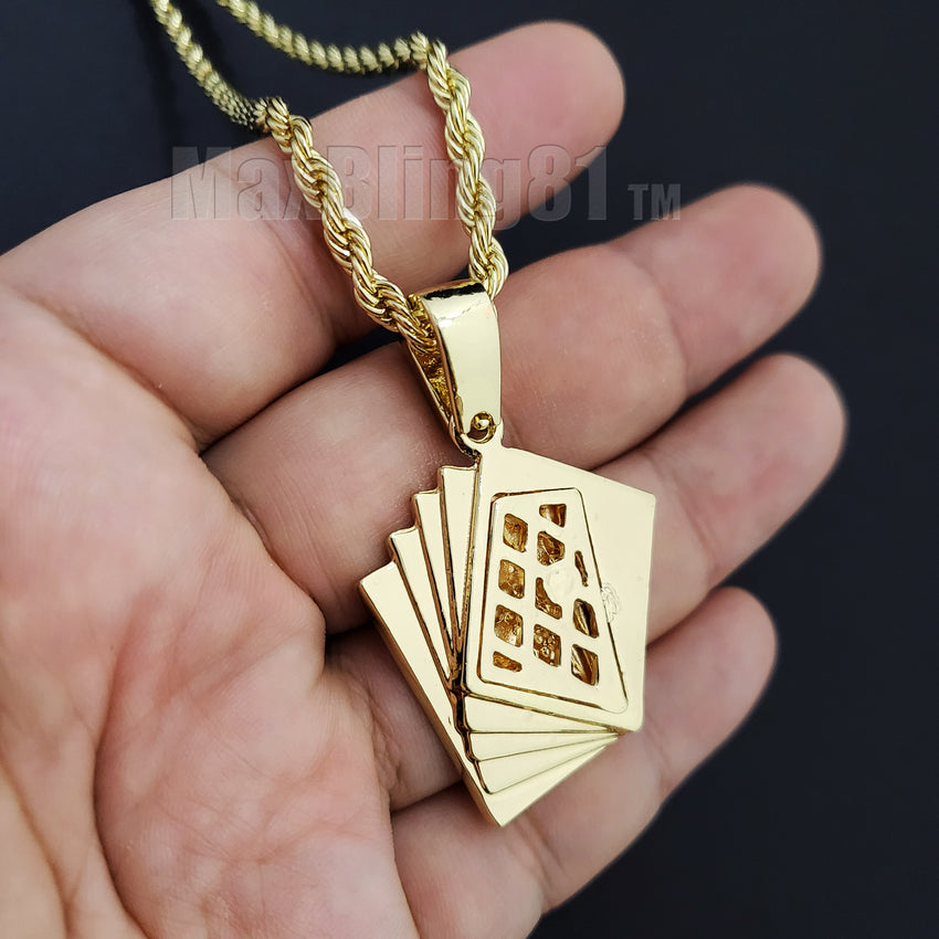 Iced Gold Plated Alloy Poker Playing Card Pendant & 4mm 24" Rope Chain Necklace