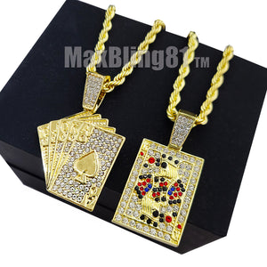 Iced Gold Plated Alloy Poker Playing Card Pendant & 4mm 24