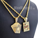 Iced Gold Plated Alloy Poker Playing Card Pendant & 4mm 24" Rope Chain Necklace