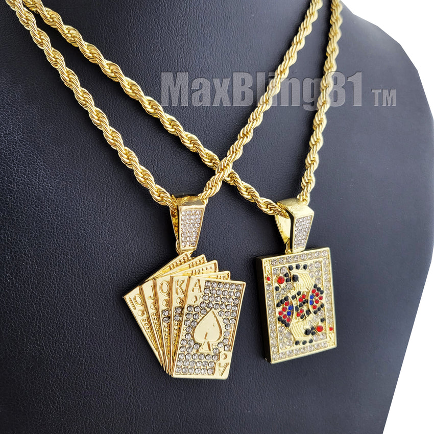 Iced Gold Plated Alloy Poker Playing Card Pendant & 4mm 24" Rope Chain Necklace