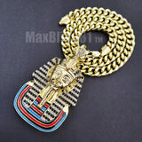 Iced Gold plated Large PHARAOH KING TUT Pendant & Cuban Chain Necklace