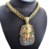 Iced Gold plated Large PHARAOH KING TUT Pendant & Cuban Chain Necklace