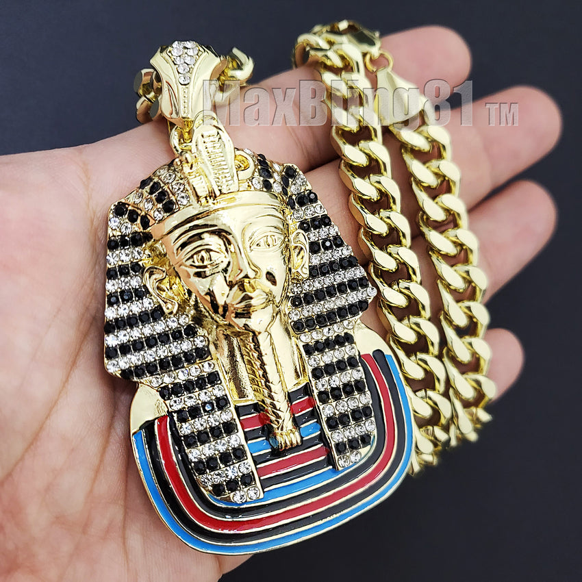 Iced Gold plated Large PHARAOH KING TUT Pendant & Cuban Chain Necklace