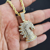 Gold Plated Iced Cubic Zirconia CHESS KNIGHT Horse Pendant & 24" Rope chain Necklace