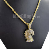 Gold Plated Iced Cubic Zirconia CHESS KNIGHT Horse Pendant & 24" Rope chain Necklace