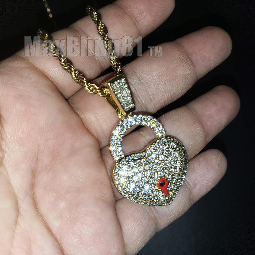 Iced Gold plated Alloy Simulated Diamond Heart Lock & Key Pendant w/ 24" Rope Chain Necklace