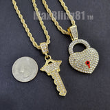 Iced Gold plated Alloy Simulated Diamond Heart Lock & Key Pendant w/ 24" Rope Chain Necklace