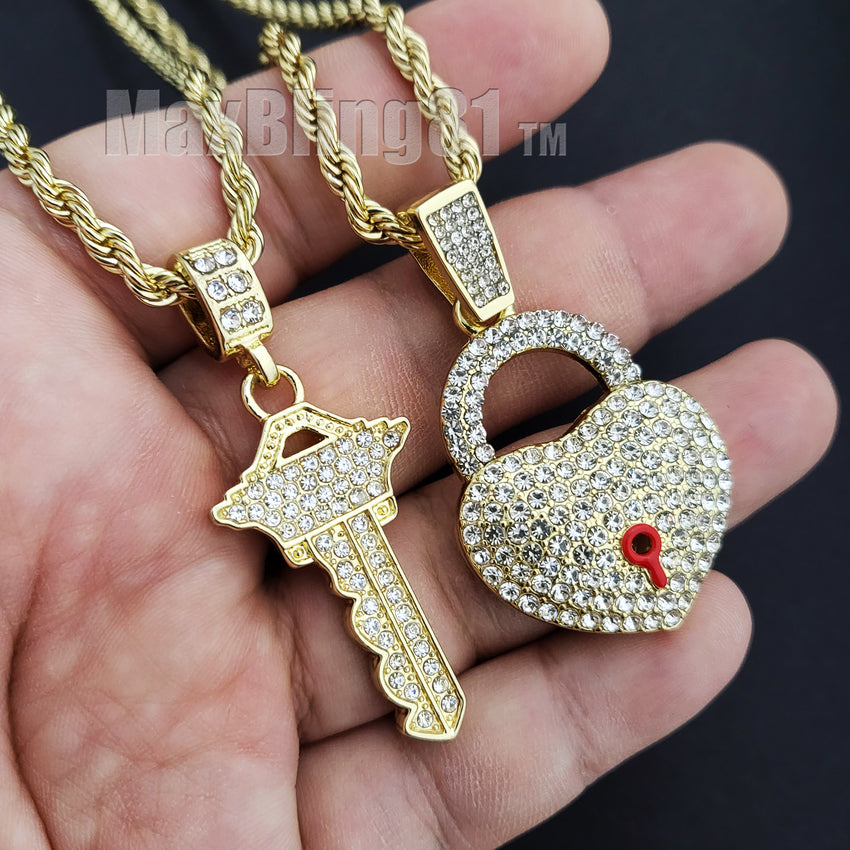 Iced Gold plated Alloy Simulated Diamond Heart Lock & Key Pendant w/ 24" Rope Chain Necklace