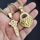 Iced Gold plated Alloy Simulated Diamond Heart Lock & Key Pendant w/ 24" Rope Chain Necklace