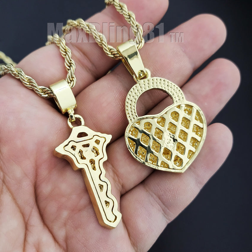 Iced Gold plated Alloy Simulated Diamond Heart Lock & Key Pendant w/ 24" Rope Chain Necklace