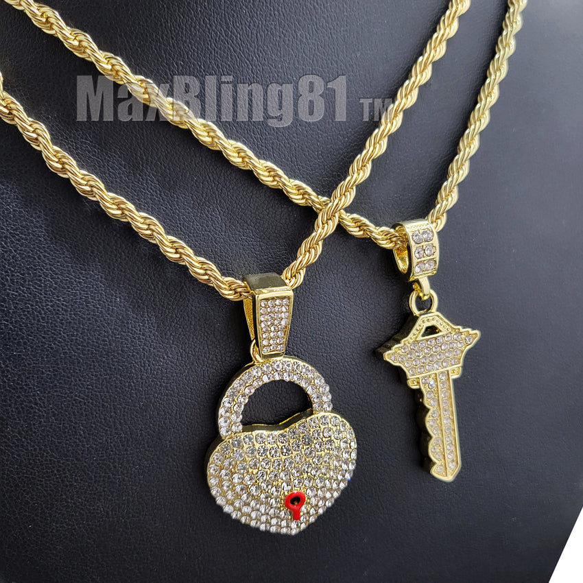 Iced Gold plated Alloy Simulated Diamond Heart Lock & Key Pendant w/ 24" Rope Chain Necklace