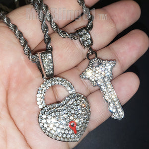 Iced Silver plated Alloy Simulated Diamond Heart Lock & Key Pendant w/ 24