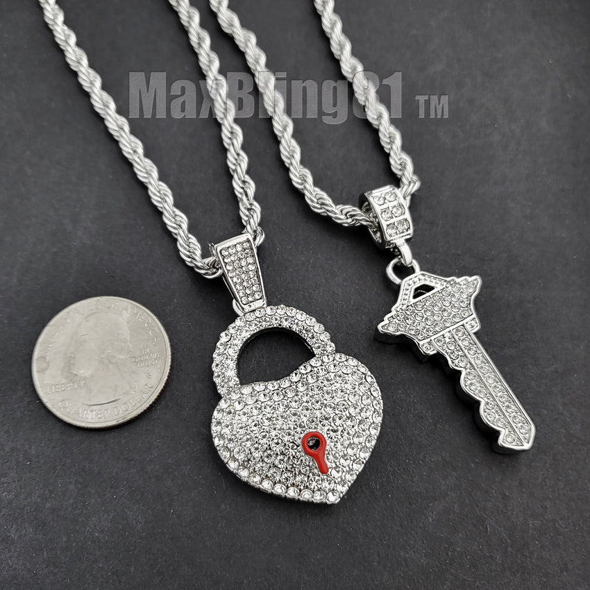 Iced Silver plated Alloy Simulated Diamond Heart Lock & Key Pendant w/ 24" Rope Chain Necklace