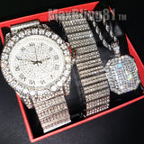 ICED HIP HOP SILVER PLATED SIMULATED DIAMOND WATCH & NECKLACE & BRACELET SET