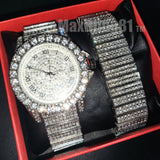 ICED HIP HOP SILVER PLATED SIMULATED DIAMOND WATCH & NECKLACE & BRACELET SET