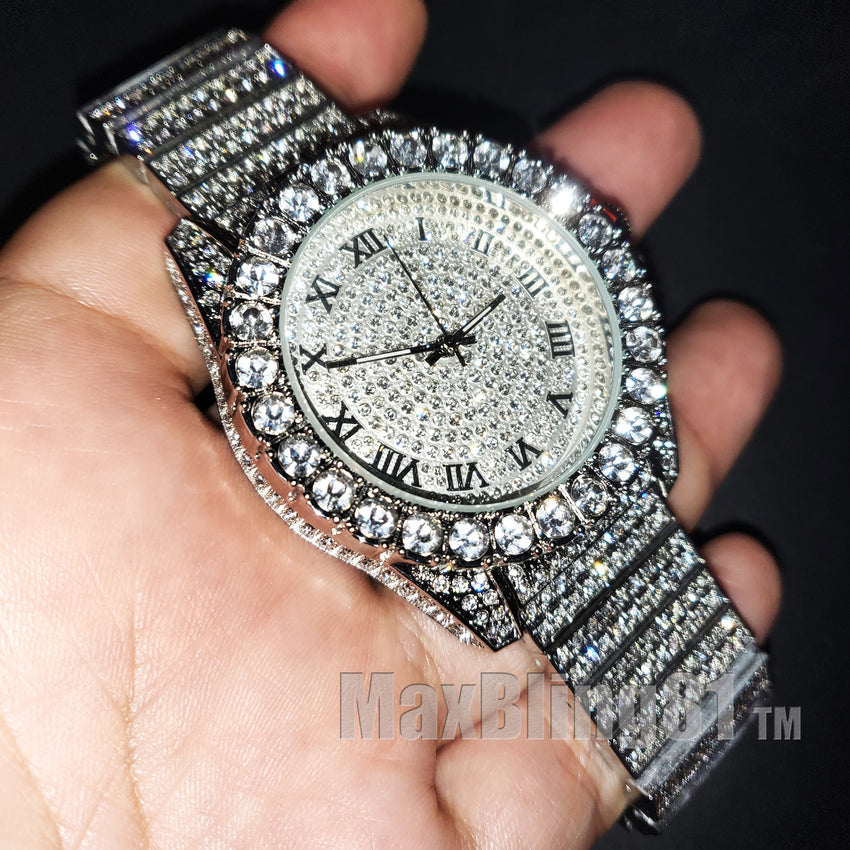 ICED HIP HOP SILVER PLATED SIMULATED DIAMOND WATCH & NECKLACE & BRACELET SET