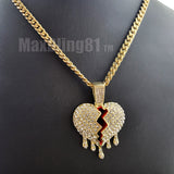 Hip Hop Iced Drip Broken Heart Charm Pendant & 4mm 18" 20" 24" 30" Brass Cuban Chain Necklace