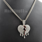 Hip Hop Iced Drip Broken Heart Charm Pendant & 4mm 18" 20" 24" 30" Brass Cuban Chain Necklace