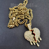 Hip Hop Iced Drip Broken Heart Charm Pendant & 4mm 18" 20" 24" 30" Brass Cuban Chain Necklace