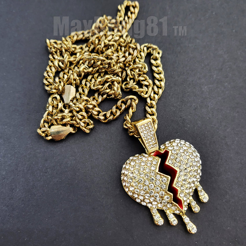 Hip Hop Iced Drip Broken Heart Charm Pendant & 4mm 18" 20" 24" 30" Brass Cuban Chain Necklace