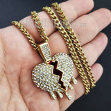 Hip Hop Iced Drip Broken Heart Charm Pendant & 4mm 18" 20" 24" 30" Brass Cuban Chain Necklace