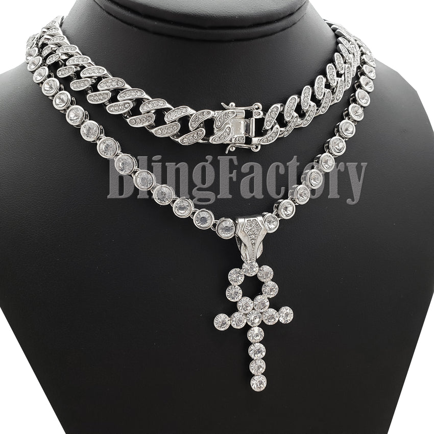 Hip Hop Ankh Cros Pendant & 20" CZ Chain & 18" Iced Cuban Choker Chain Necklace Set