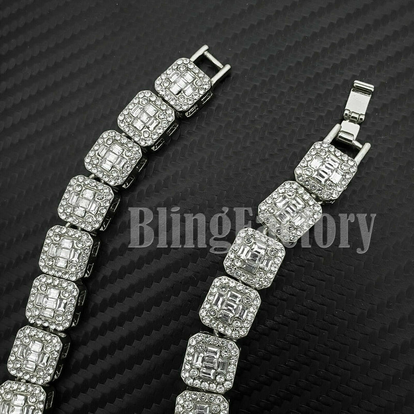 HIP HOP WHITE GOLD PT LUXURY BLING WATCH & ICED BAGUETTE STONE CHAIN BRACELET SET